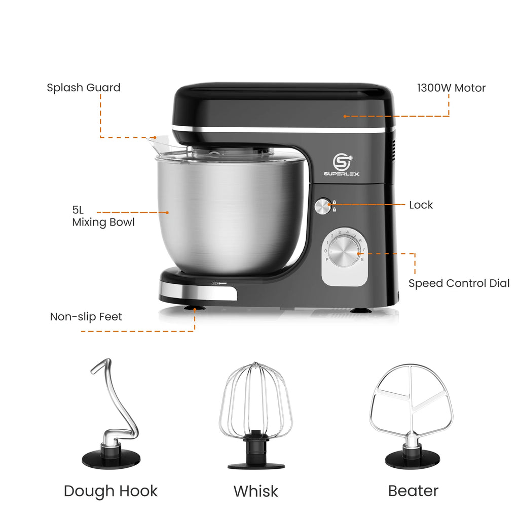 SUPERLEX 5L Stand Mixer SSM002SSUK – 1300W Power, 8‑Speed Control, Stainless Steel Bowl, Silent Design, Multi‑Function Kitchen Mixer