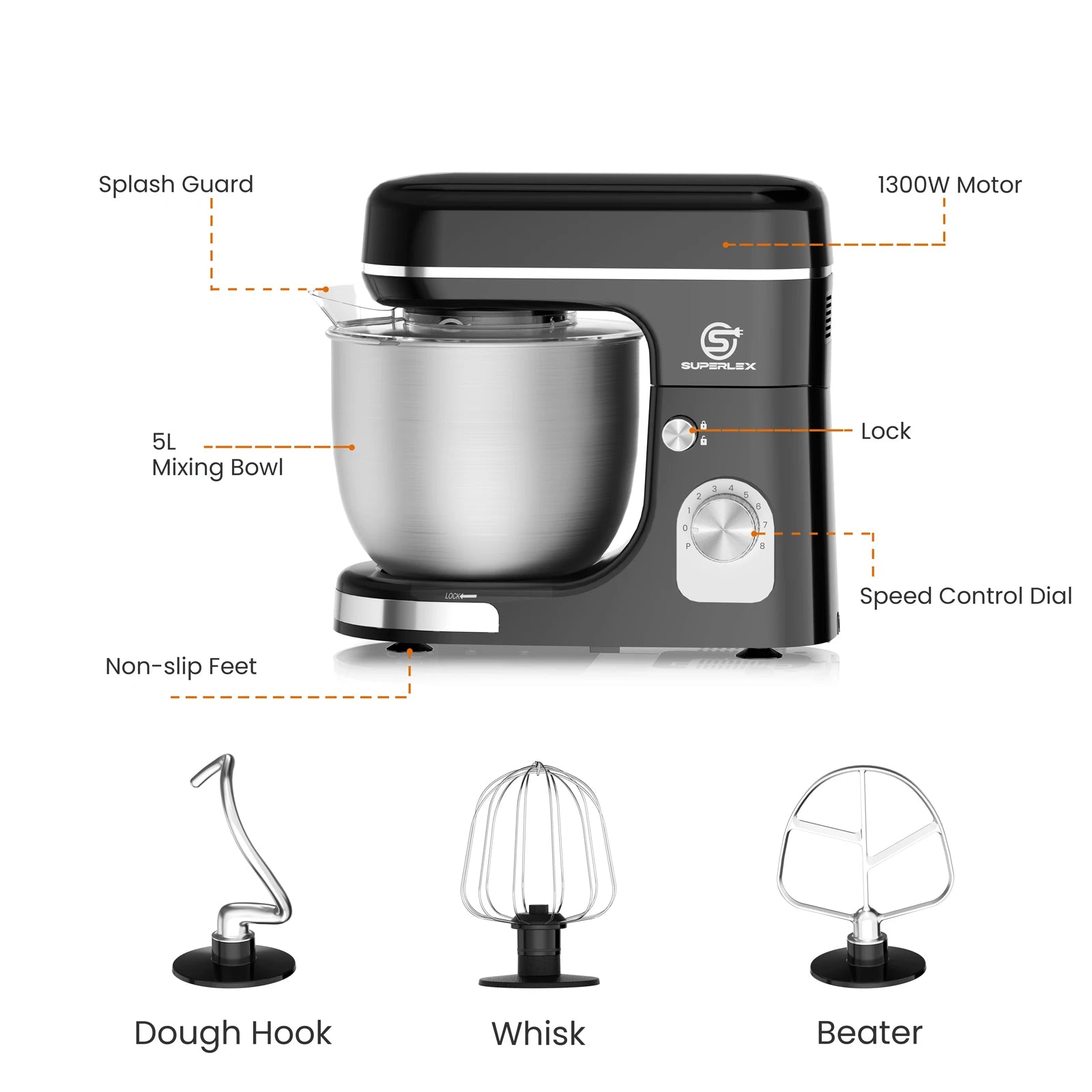 SUPERLEX 5L Stand Mixer SSM002SSUK – 1300W Power, 8‑Speed Control, Stainless Steel Bowl, Silent Design, Multi‑Function Kitchen Mixer