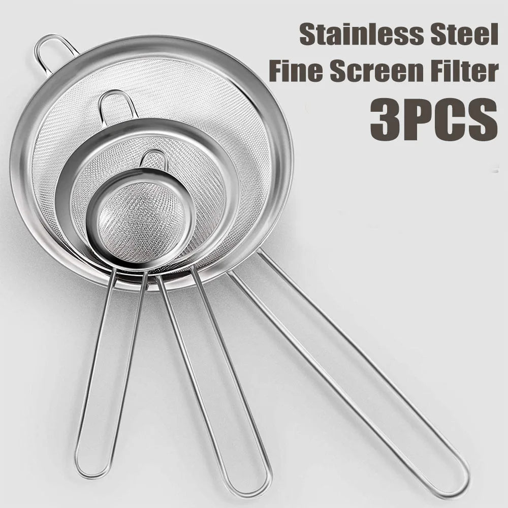 3‑Piece Stainless Steel Fine Mesh Strainer Set | Multi‑Size Sieve & Colander with Long Handle