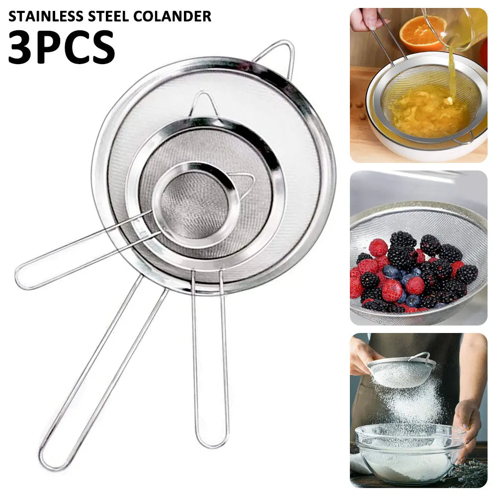 3‑Piece Stainless Steel Fine Mesh Strainer Set | Multi‑Size Sieve & Colander with Long Handle