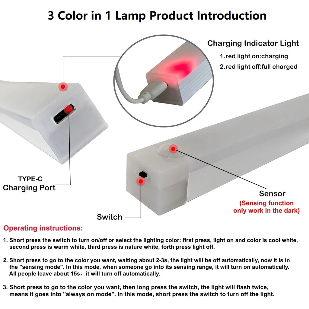 Motion Sensor LED Night Light USB Rechargeable Magnetic Strip Light for Kitchen, Wardrobe & Stairs