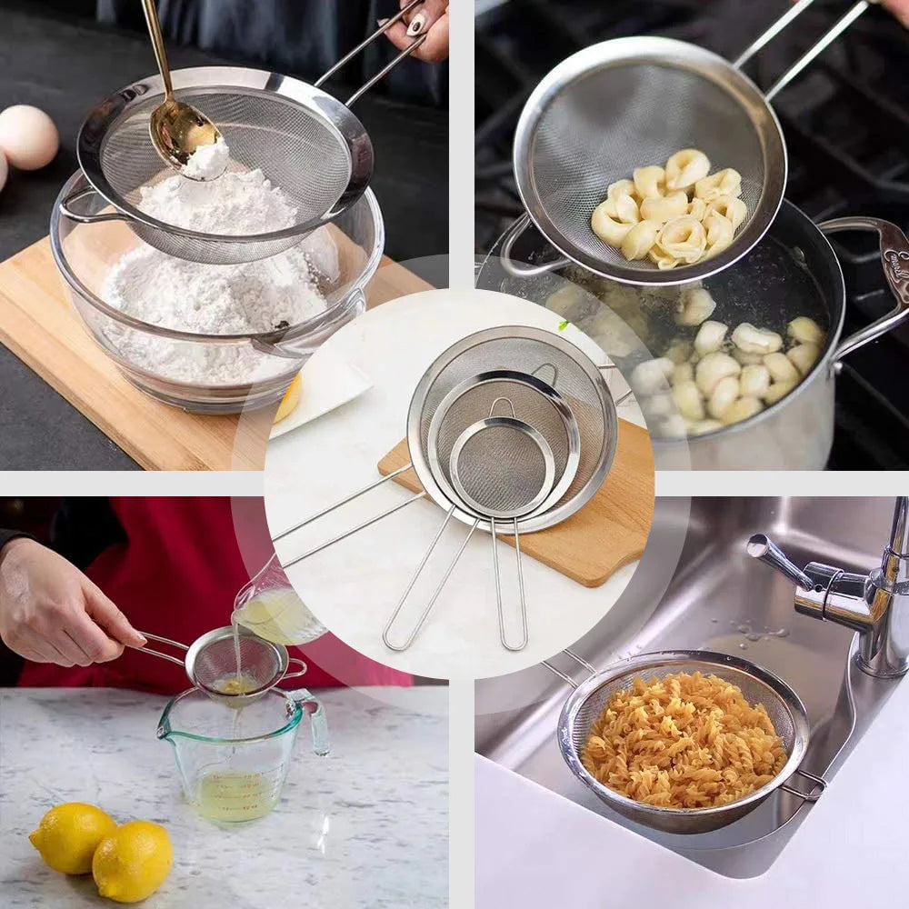 3‑Piece Stainless Steel Fine Mesh Strainer Set | Multi‑Size Sieve & Colander with Long Handle
