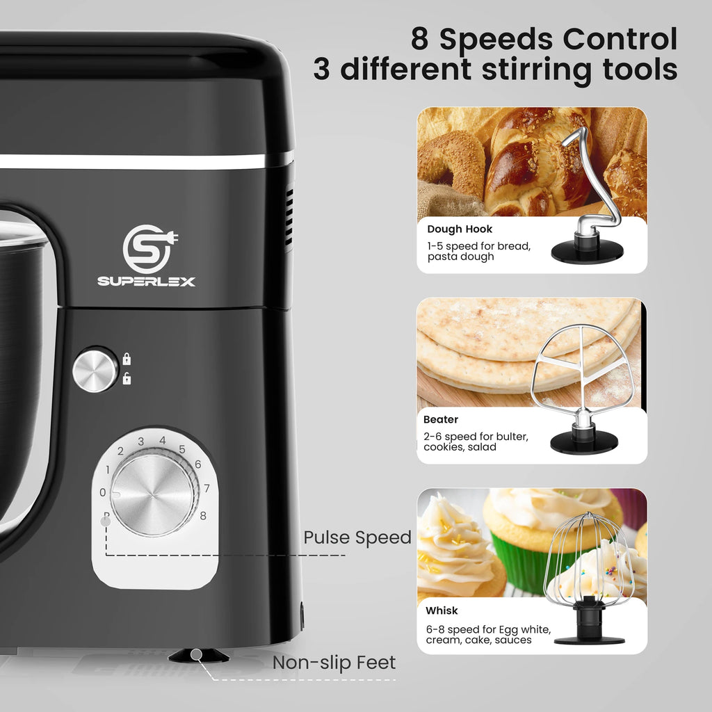 SUPERLEX 5L Stand Mixer SSM002SSUK – 1300W Power, 8‑Speed Control, Stainless Steel Bowl, Silent Design, Multi‑Function Kitchen Mixer