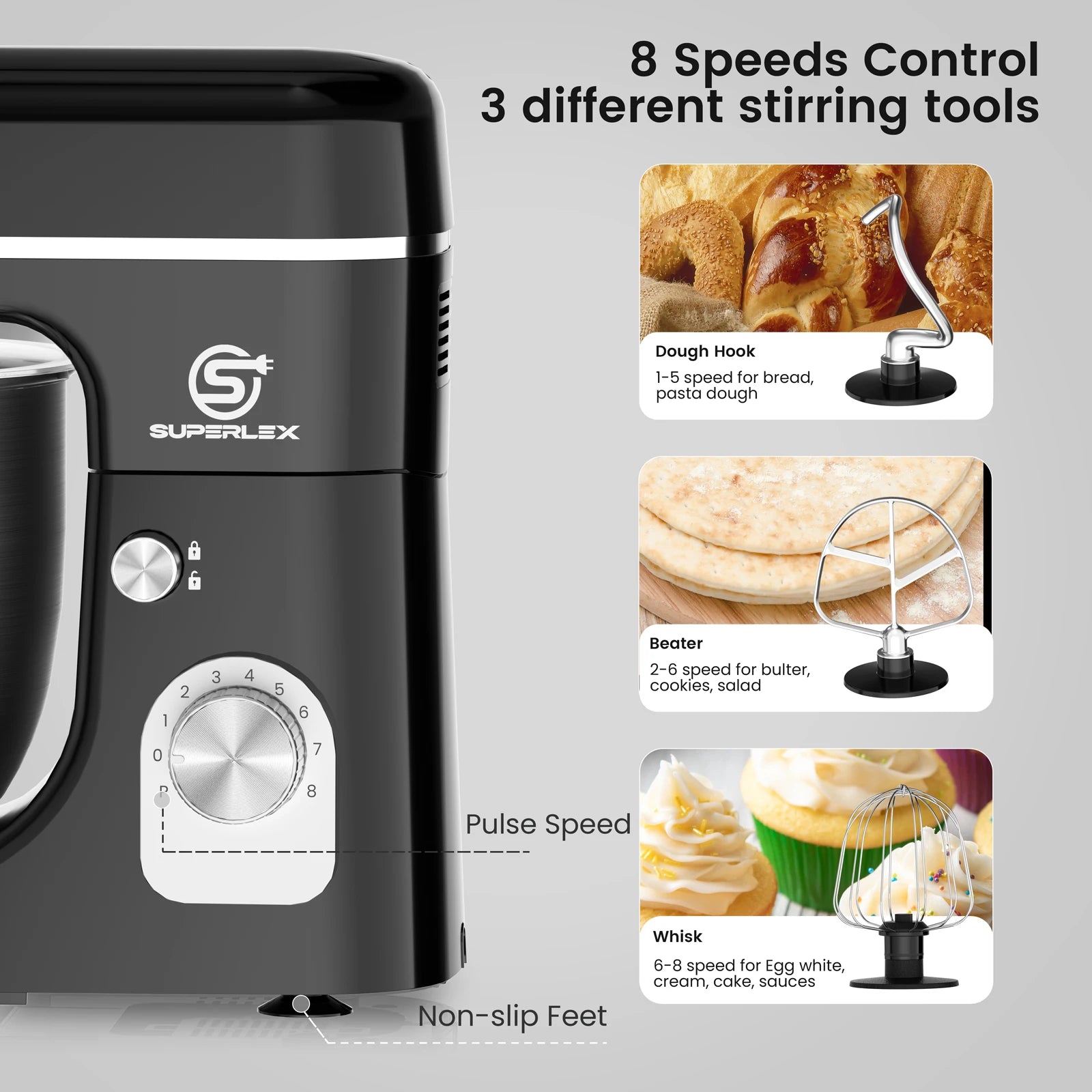 SUPERLEX 5L Stand Mixer SSM002SSUK – 1300W Power, 8‑Speed Control, Stainless Steel Bowl, Silent Design, Multi‑Function Kitchen Mixer