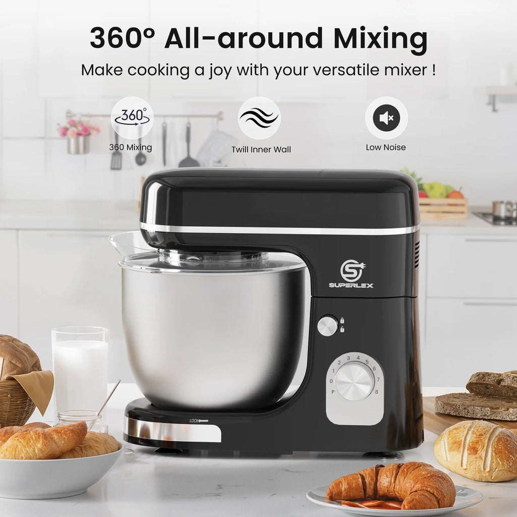 SUPERLEX 5L Stand Mixer SSM002SSUK – 1300W Power, 8‑Speed Control, Stainless Steel Bowl, Silent Design, Multi‑Function Kitchen Mixer