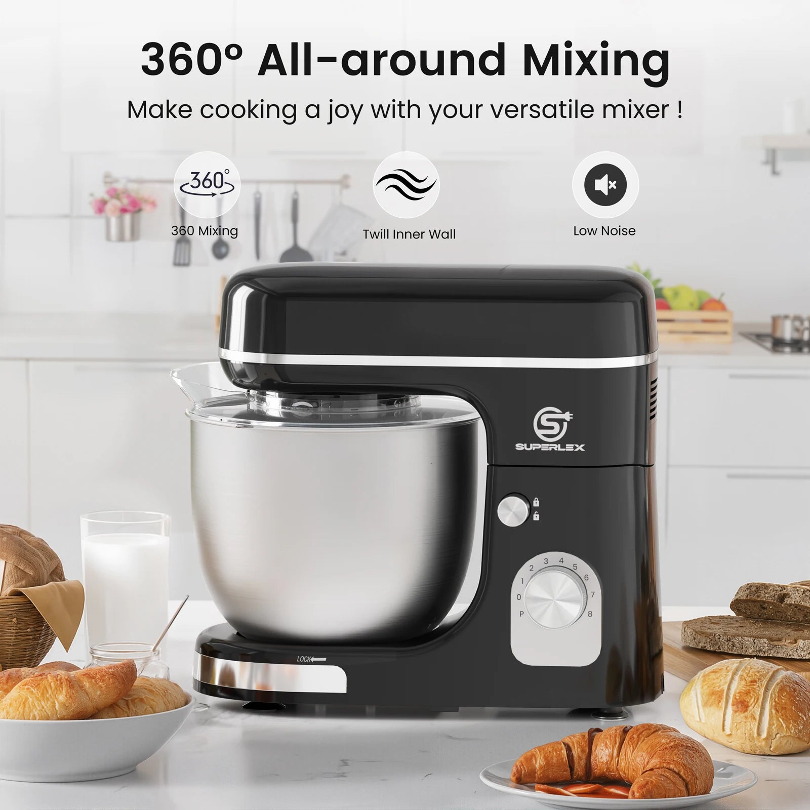 SUPERLEX 5L Stand Mixer SSM002SSUK – 1300W Power, 8‑Speed Control, Stainless Steel Bowl, Silent Design, Multi‑Function Kitchen Mixer