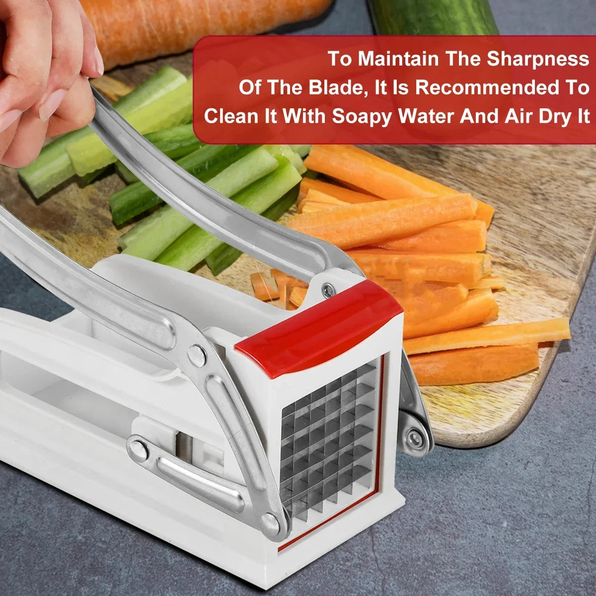 Stainless Steel French Fry Cutter – Manual Potato Chipper with 25/49‑Hole Blades (Fast Cutting)