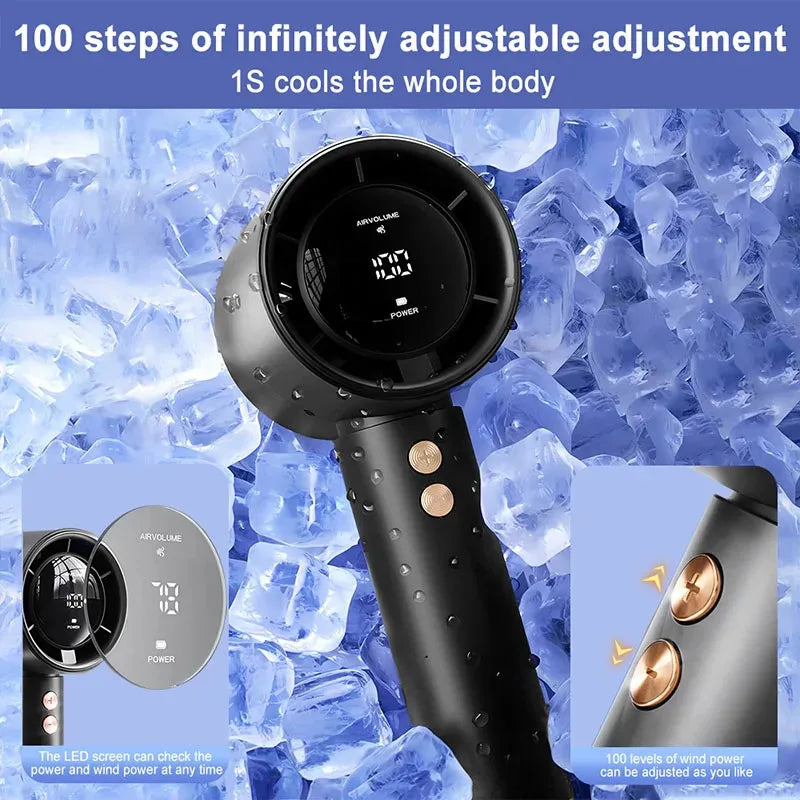 HAOYUNMA Portable Turbo Handheld Fan – 100‑Speed USB Rechargeable Mini Air Cooler (5W)