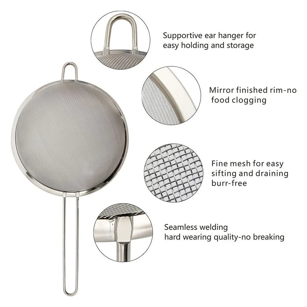 3‑Piece Stainless Steel Fine Mesh Strainer Set | Multi‑Size Sieve & Colander with Long Handle