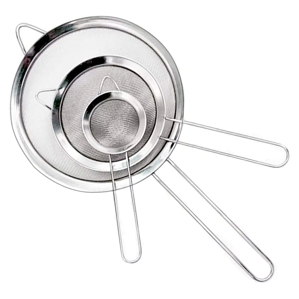 3‑Piece Stainless Steel Fine Mesh Strainer Set | Multi‑Size Sieve & Colander with Long Handle