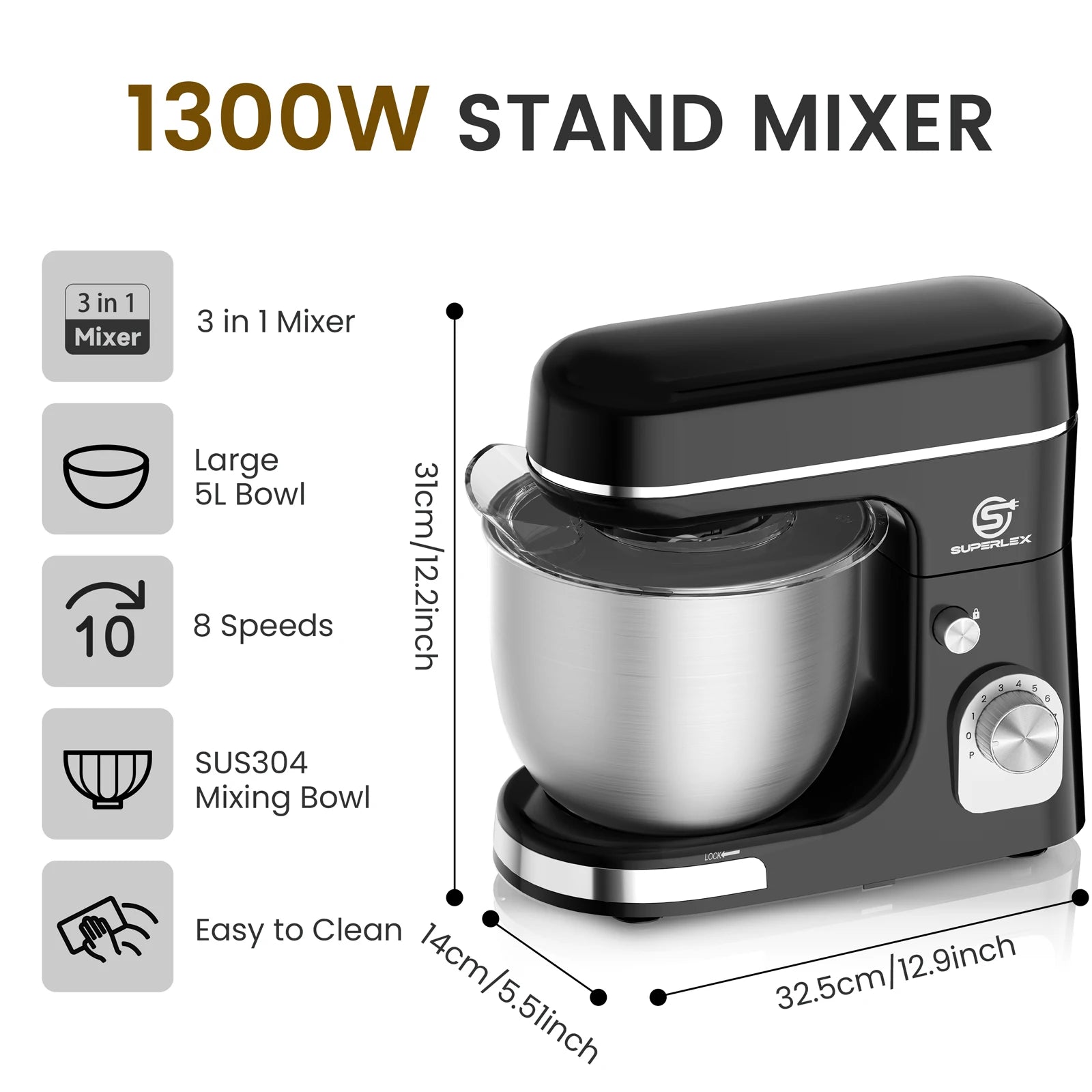 SUPERLEX 5L Stand Mixer SSM002SSUK – 1300W Power, 8‑Speed Control, Stainless Steel Bowl, Silent Design, Multi‑Function Kitchen Mixer