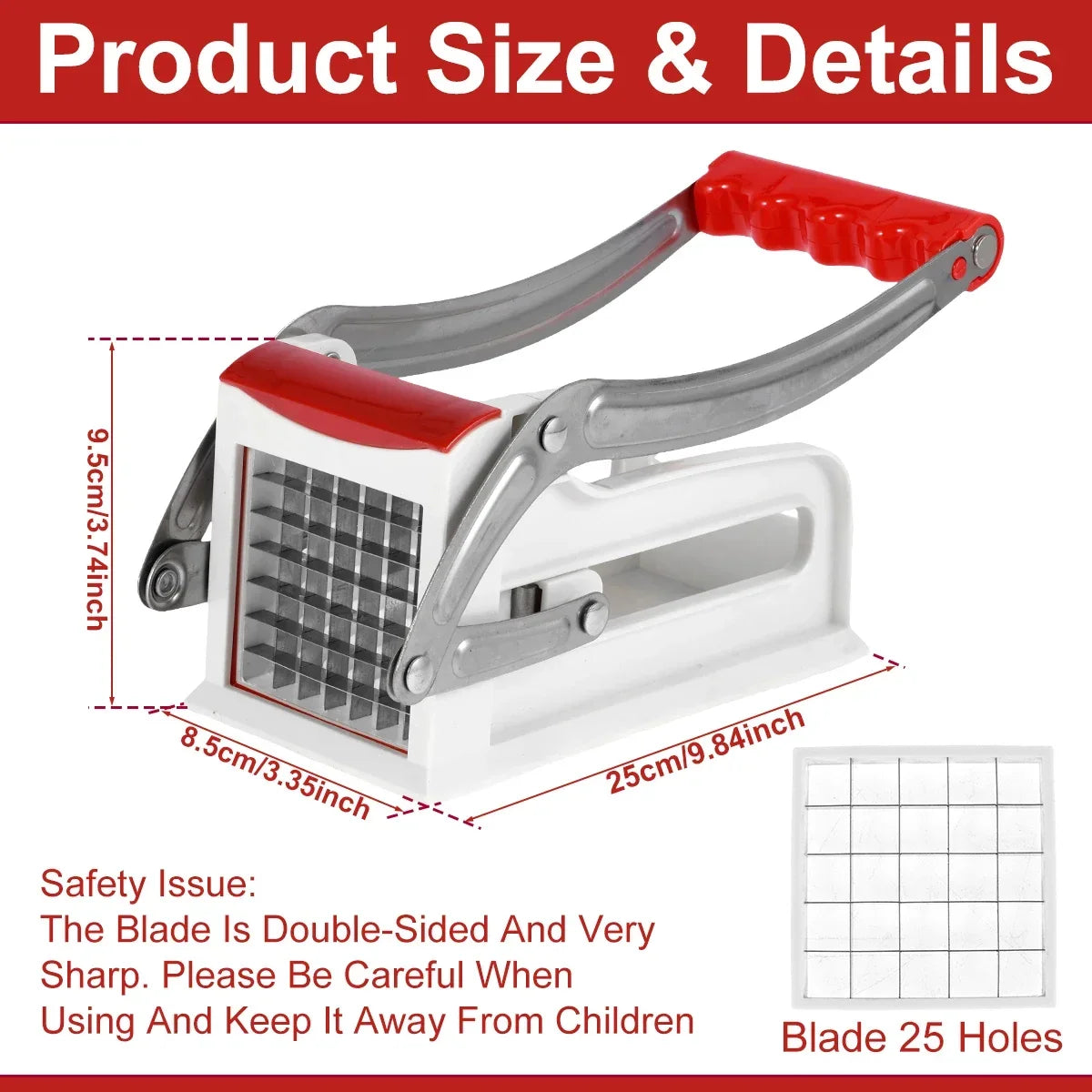 Stainless Steel French Fry Cutter – Manual Potato Chipper with 25/49‑Hole Blades (Fast Cutting)