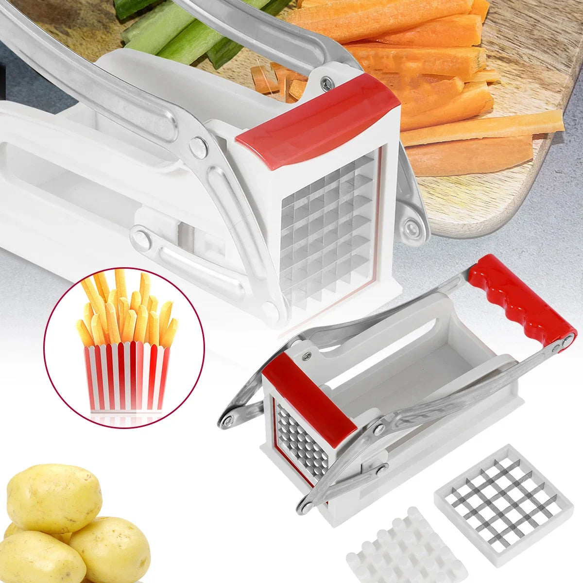 Stainless Steel French Fry Cutter – Manual Potato Chipper with 25/49‑Hole Blades (Fast Cutting)
