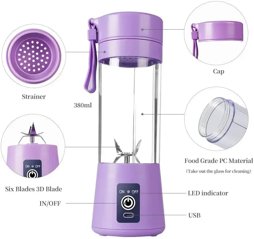 Portable Mini Electric Juicer – USB Rechargeable 6‑Blade High‑Speed Juice Cup (2000mAh, 380ml)