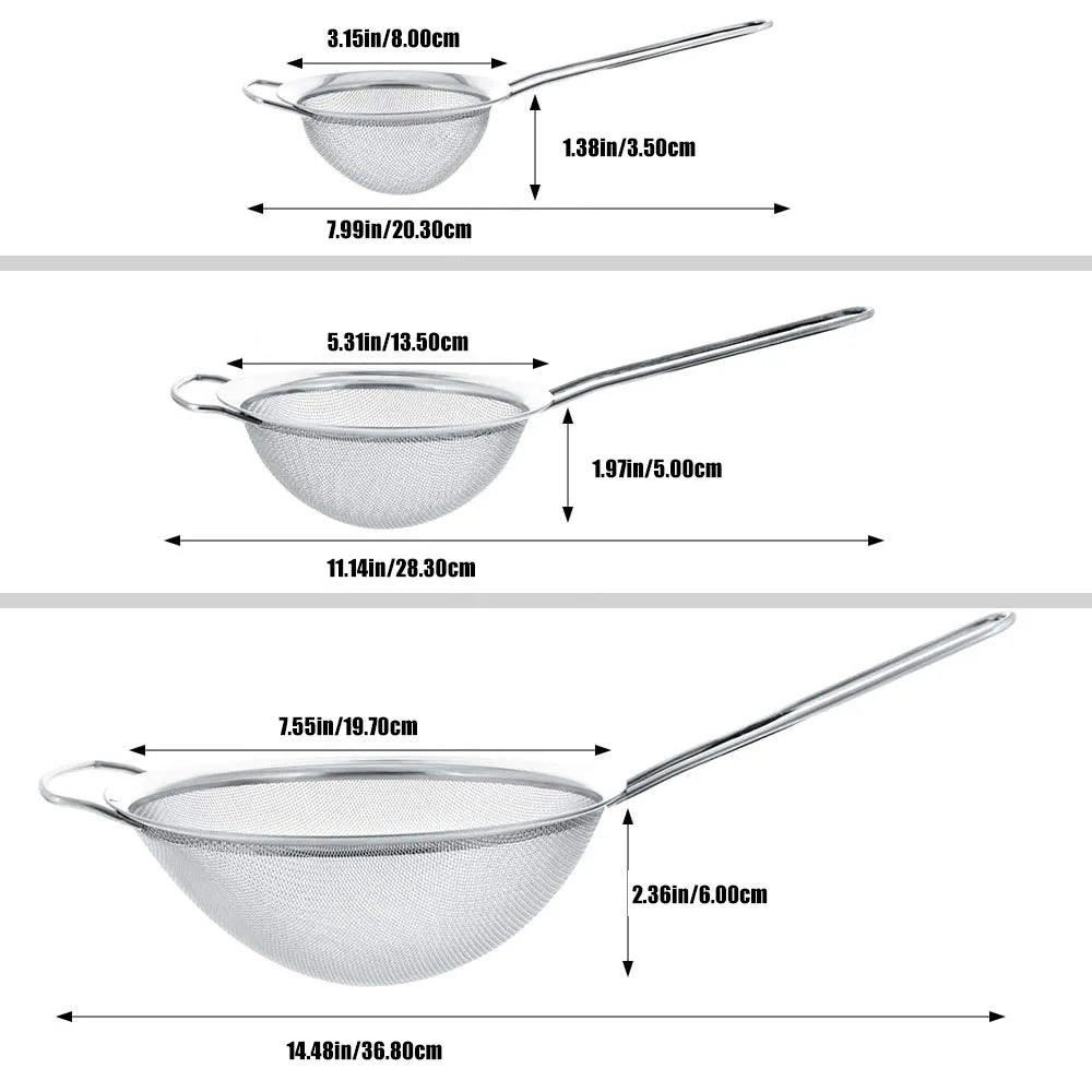 3‑Piece Stainless Steel Fine Mesh Strainer Set | Multi‑Size Sieve & Colander with Long Handle