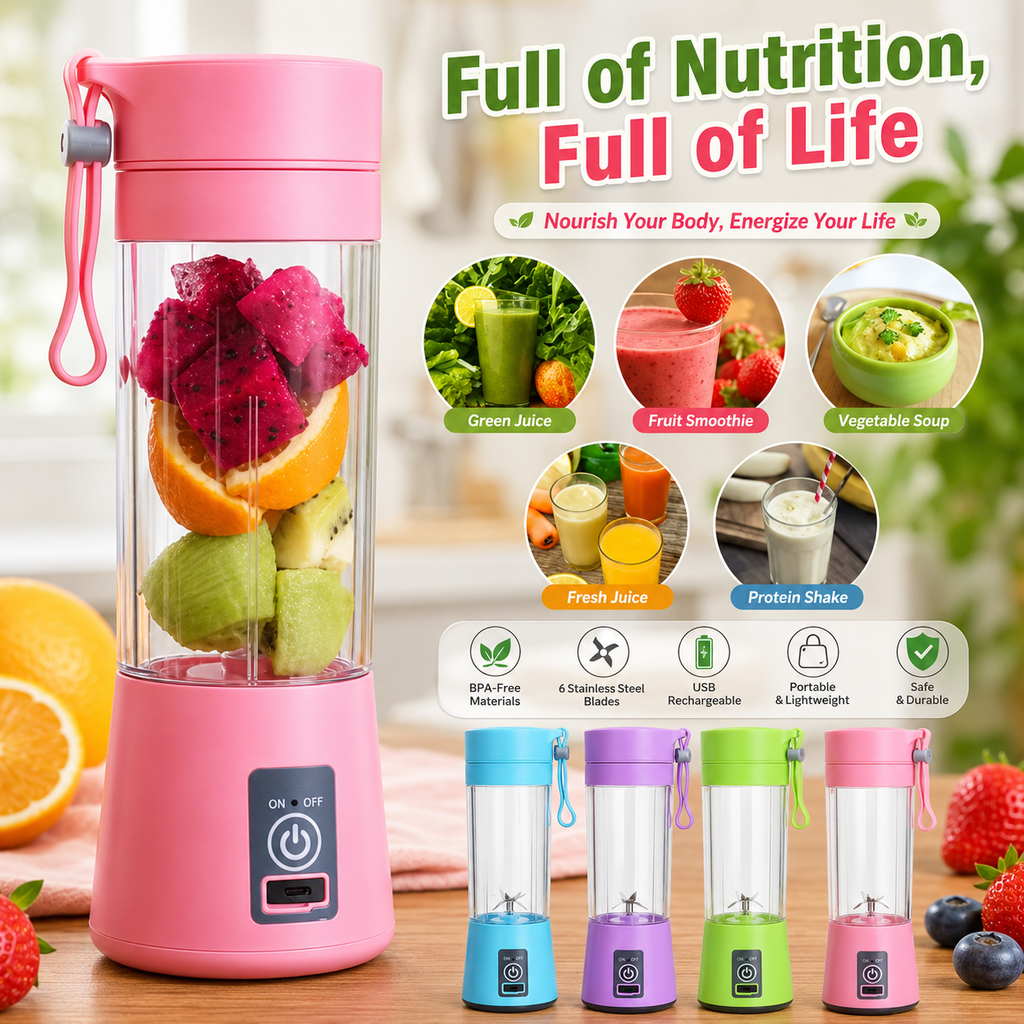 Portable Mini Electric Juicer – USB Rechargeable 6‑Blade High‑Speed Juice Cup (2000mAh, 380ml)